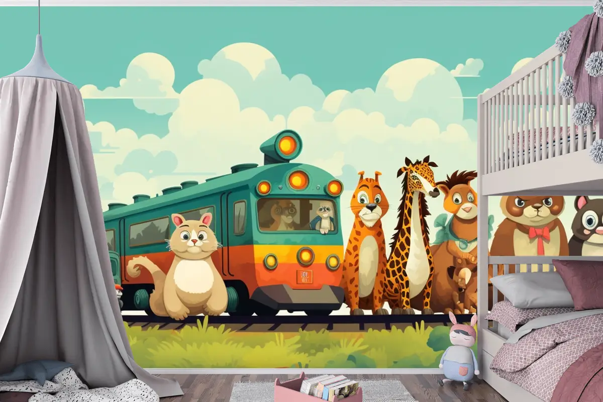 Üstünde Hayvanların Olduğu Bir Tren Ve Önünde Zürafalar Yazan Bir Tren Çocuk Odası Duvar Kağıdı