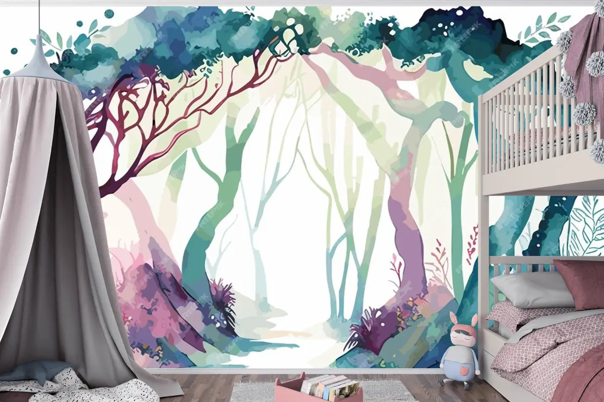 Çocuk Odası Duvar Kağıdına Giden Yolu Olan Bir Ormanın Suluboya Tablosu