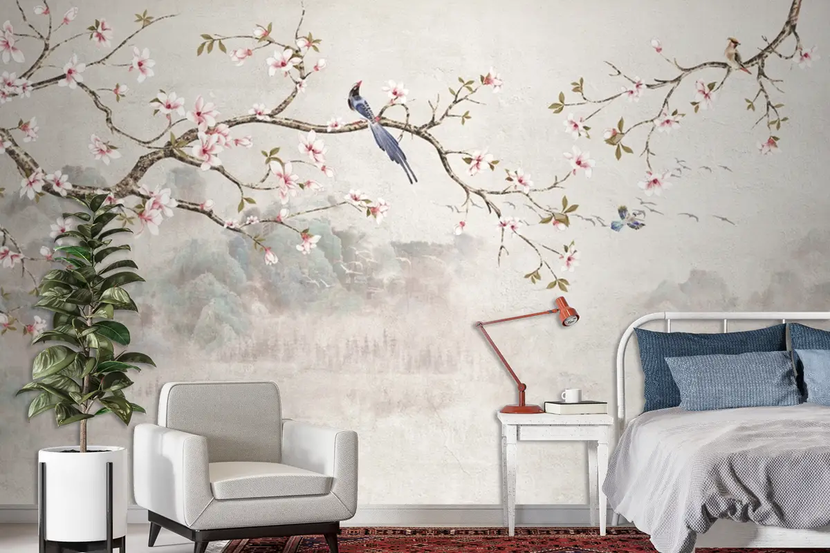Kiraz Çiçeği Çiçekleri Ve Kuş Duvar Kağıdı  Ile Chinoiserie