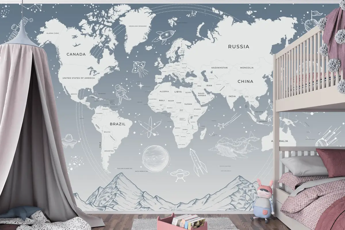 Açık Mavi Güneş Sistemi Galaksi Uzay Çocuk Odası Dünya Haritası Duvar Kağıdı