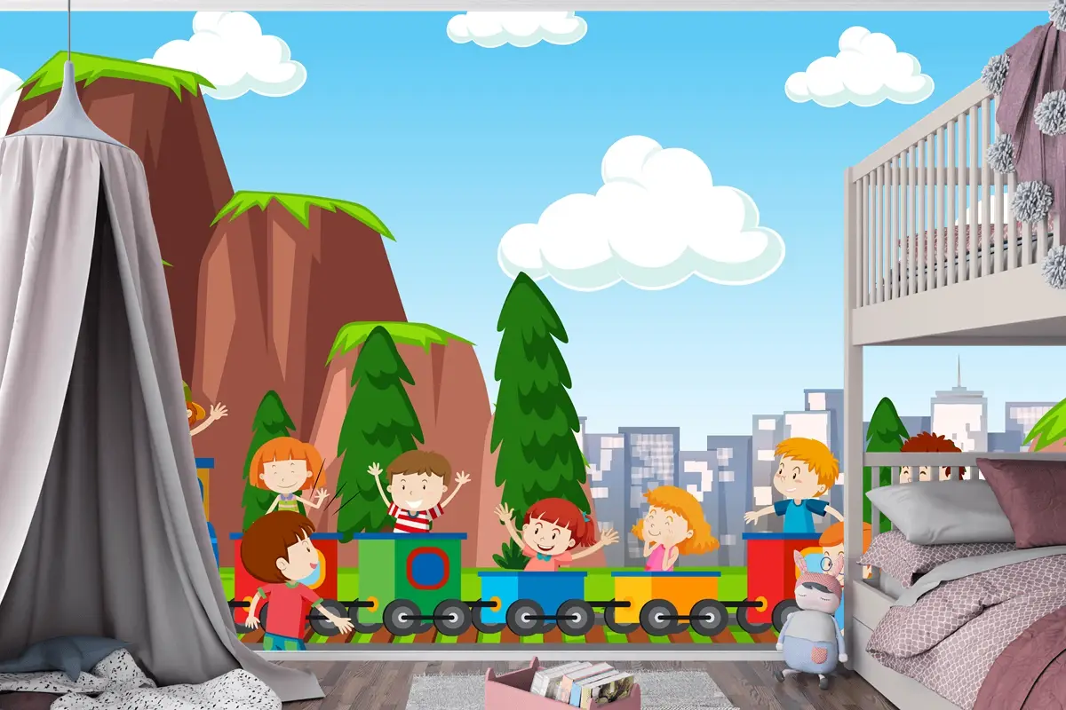 Çocuk Odası Duvar Kağıdı Dışında Spor Ve Eğlence Aktiviteleri Oynayan Aktif Erkek Ve Kız Çocukları