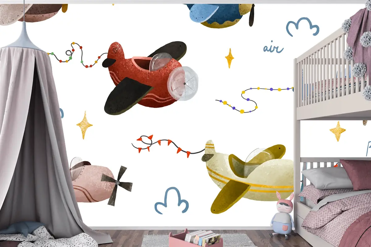 İskandinav Tarzı Çocuk Odası Duvar Kağıdı Duvarında Uçak Ve Bulutlar
