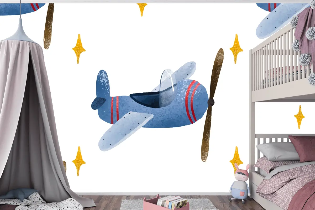 İskandinav Tarzında Uçak Ve Bulutlar Çocuk Odası Duvar Kağıdı