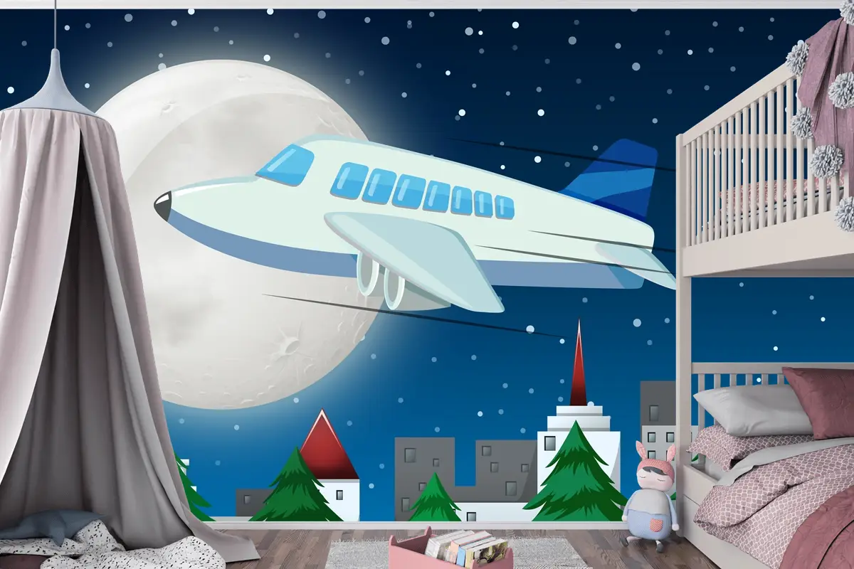 Gece Gökyüzünde Uçan Uçak Çocuk Odası Duvar Kağıdı