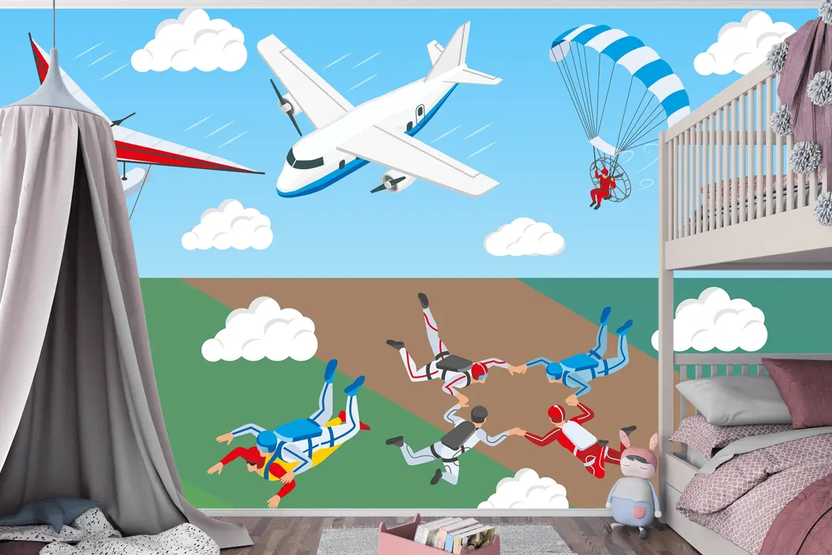 Uçak Yelken Havacılık Gökyüzünde Paraşütle Atlayan Bir Grup İnsan Çocuk Odası Duvar Kağıdı