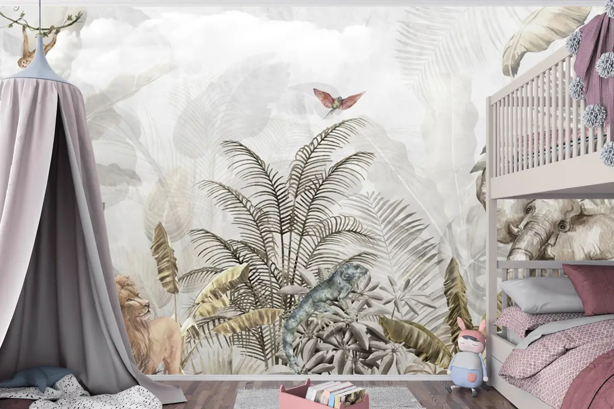 Altın Tropikal Safari Hayvanları Çocuk Odası Duvar Kağıdı