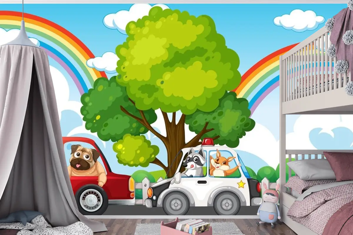Farklı Arabaları Süren Hayvanlar Çocuk Odası Duvar Kağıdı