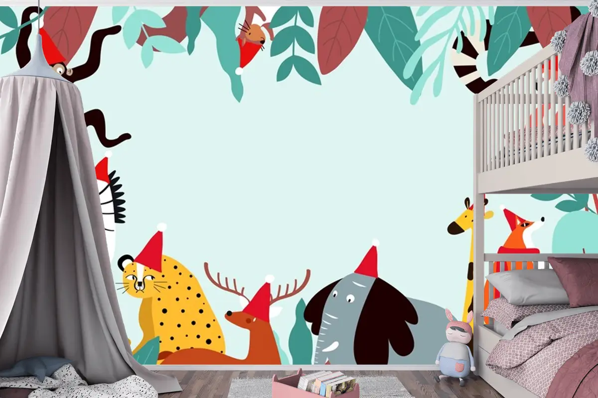 Hayvanlar Tema Şablonu Çocuk Odası Duvar Kağıdı 