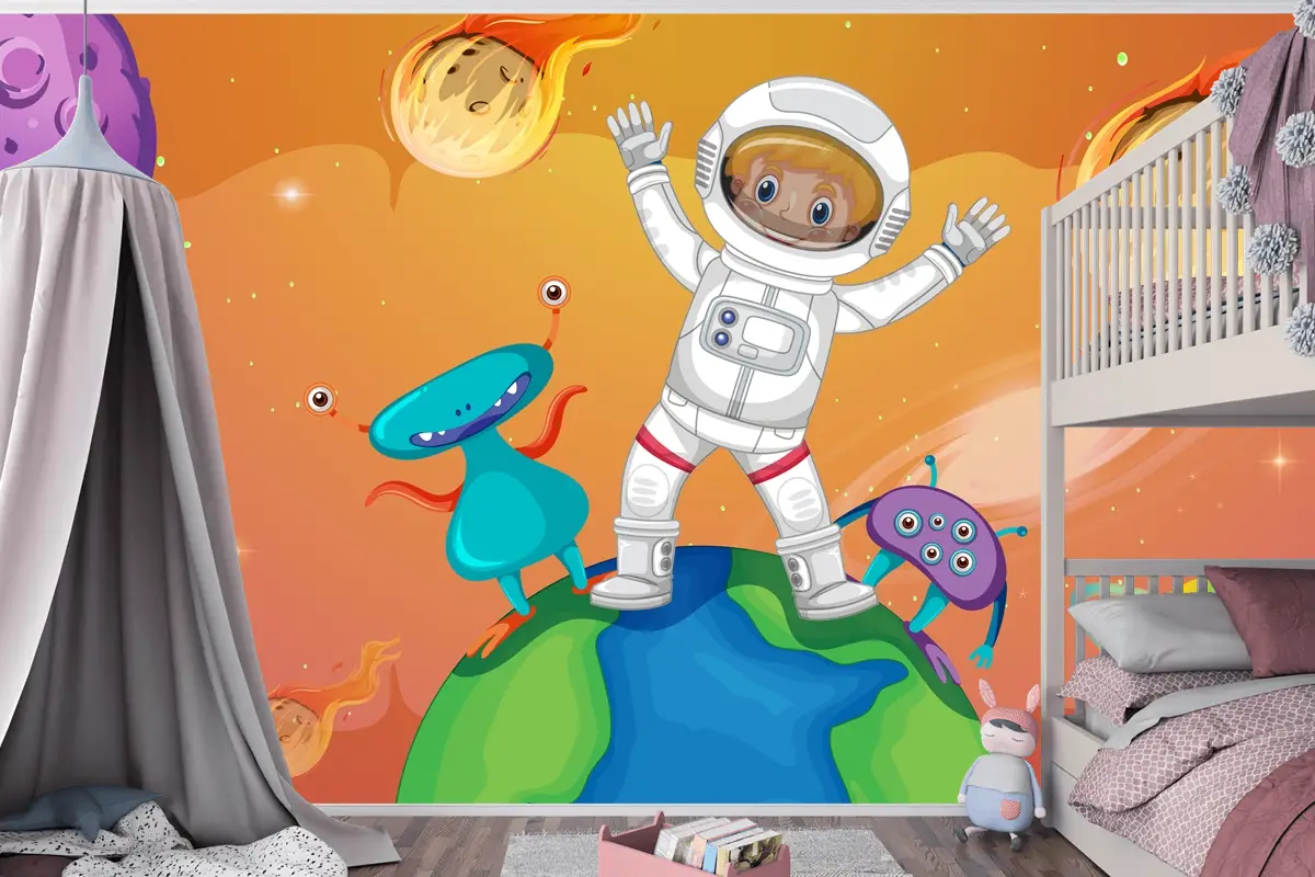 Uzay Sahnesinde Dünya Üzerinde Duran Uzaylılarla Astronot Çocuk Odası Duvar Kağıdı