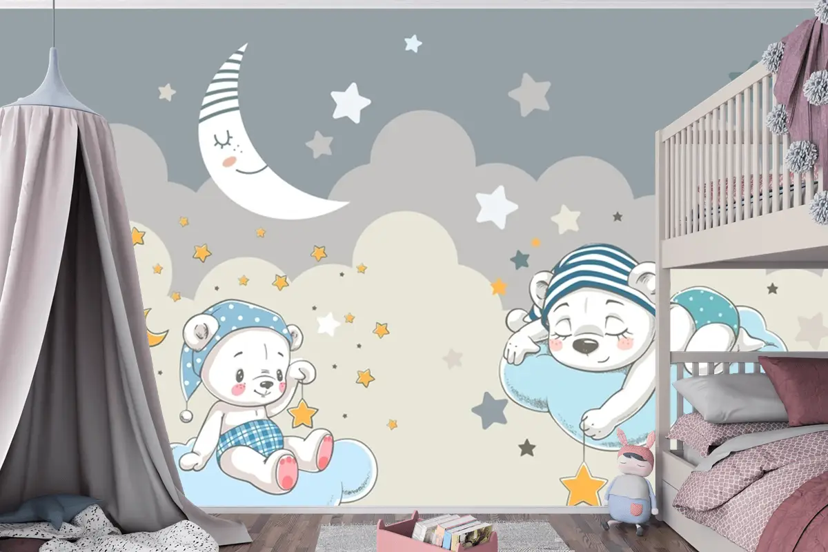 Ay Ve Yıldızlar Tüylü Bulutlar Teddy Ayılar Bebek Çocuk Odası Duvar Kağıdı