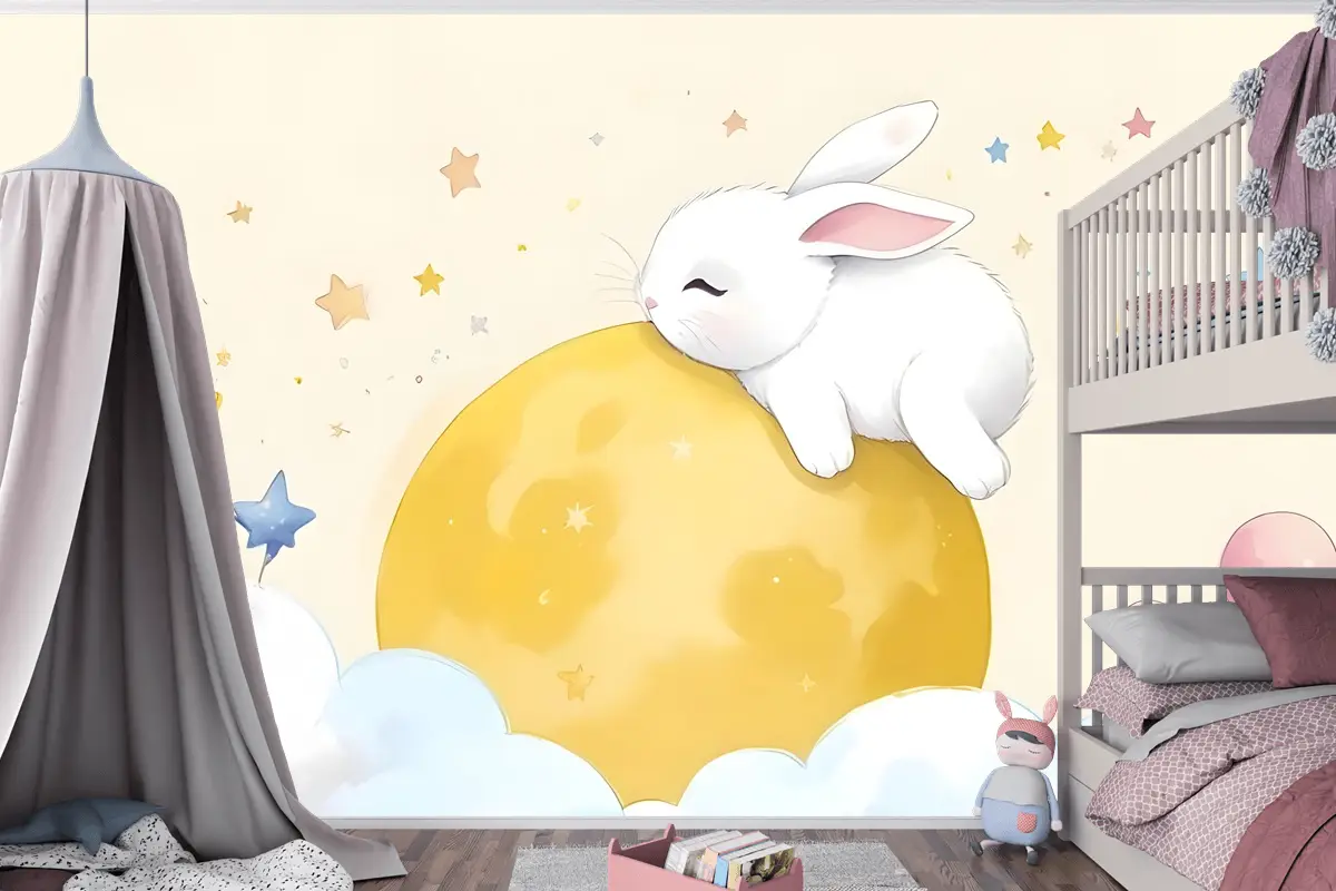 Bebek Karikatür Tavşan Ve Sarı Ay Çocuk Odası Duvar Kağıdı