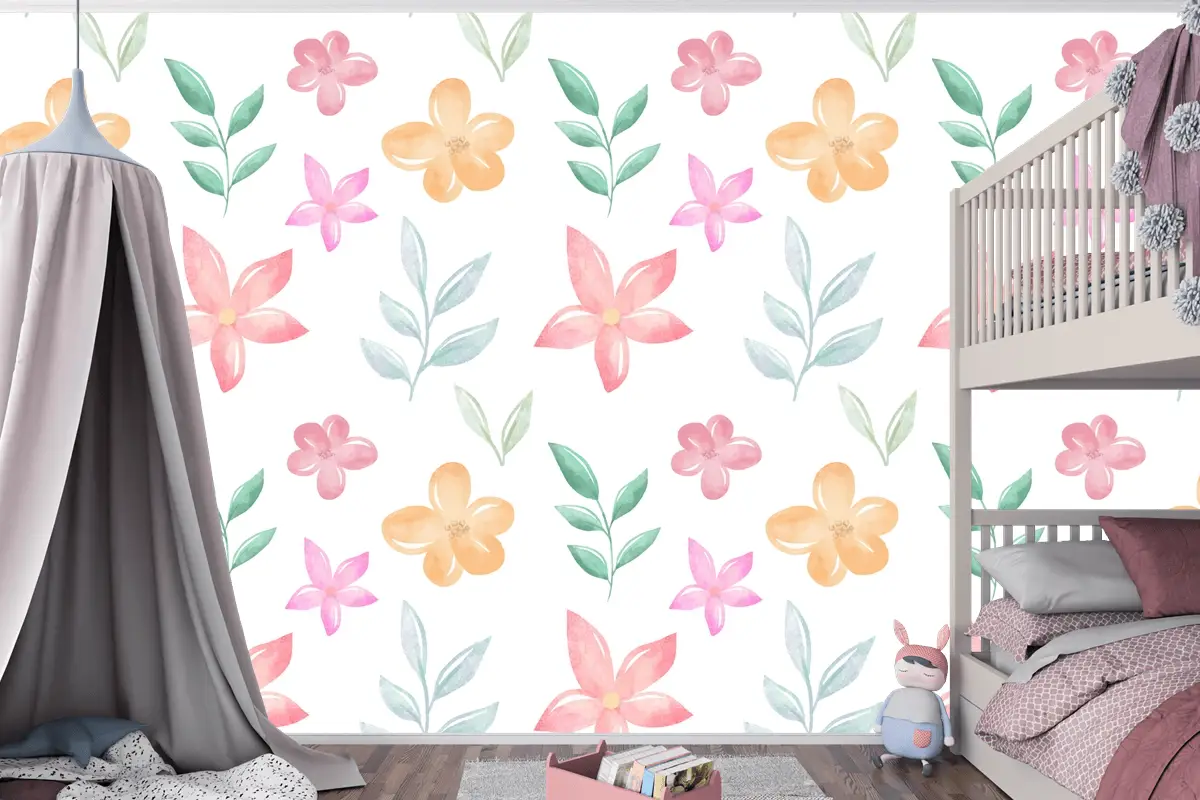 Yumuşak Renklerle Arka Plan Çiçek Suluboya Çocuk Odası Duvar Kağıdı
