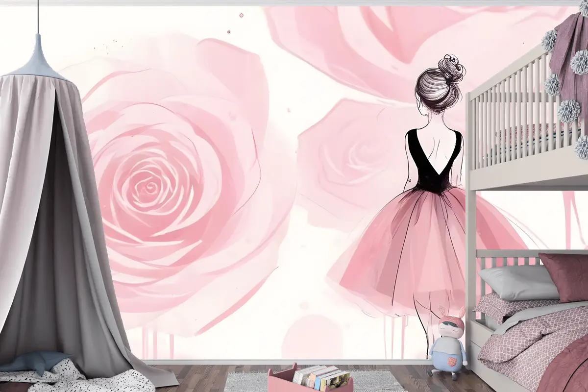 Balerin Kız Ve Pembe Güller Çocuk Odası Duvar Kağıdı