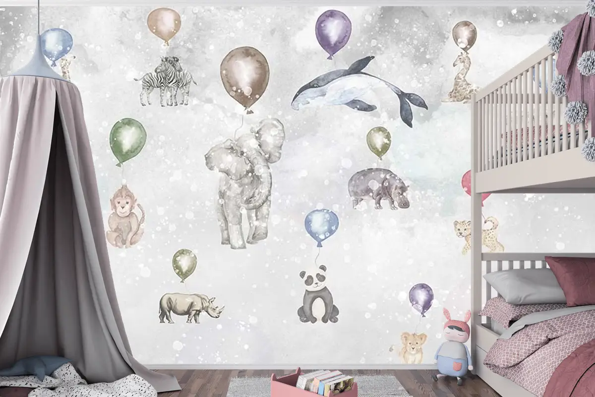 Balonlar Ve Sevimli Hayvanlar Çocuk Odası Duvar Kağıdı
