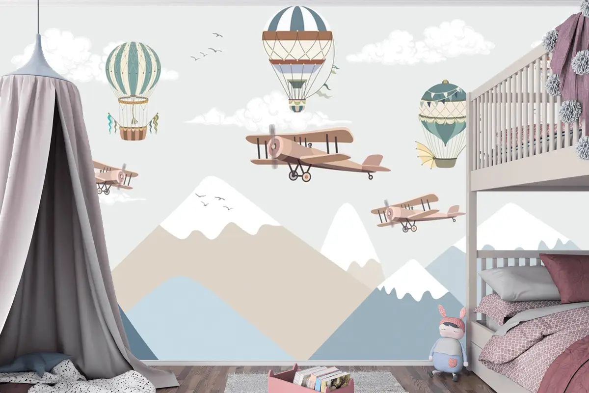 Balonlar Ve Uçaklar Ile Dağlar Çocuk Odası Duvar Kağıdı