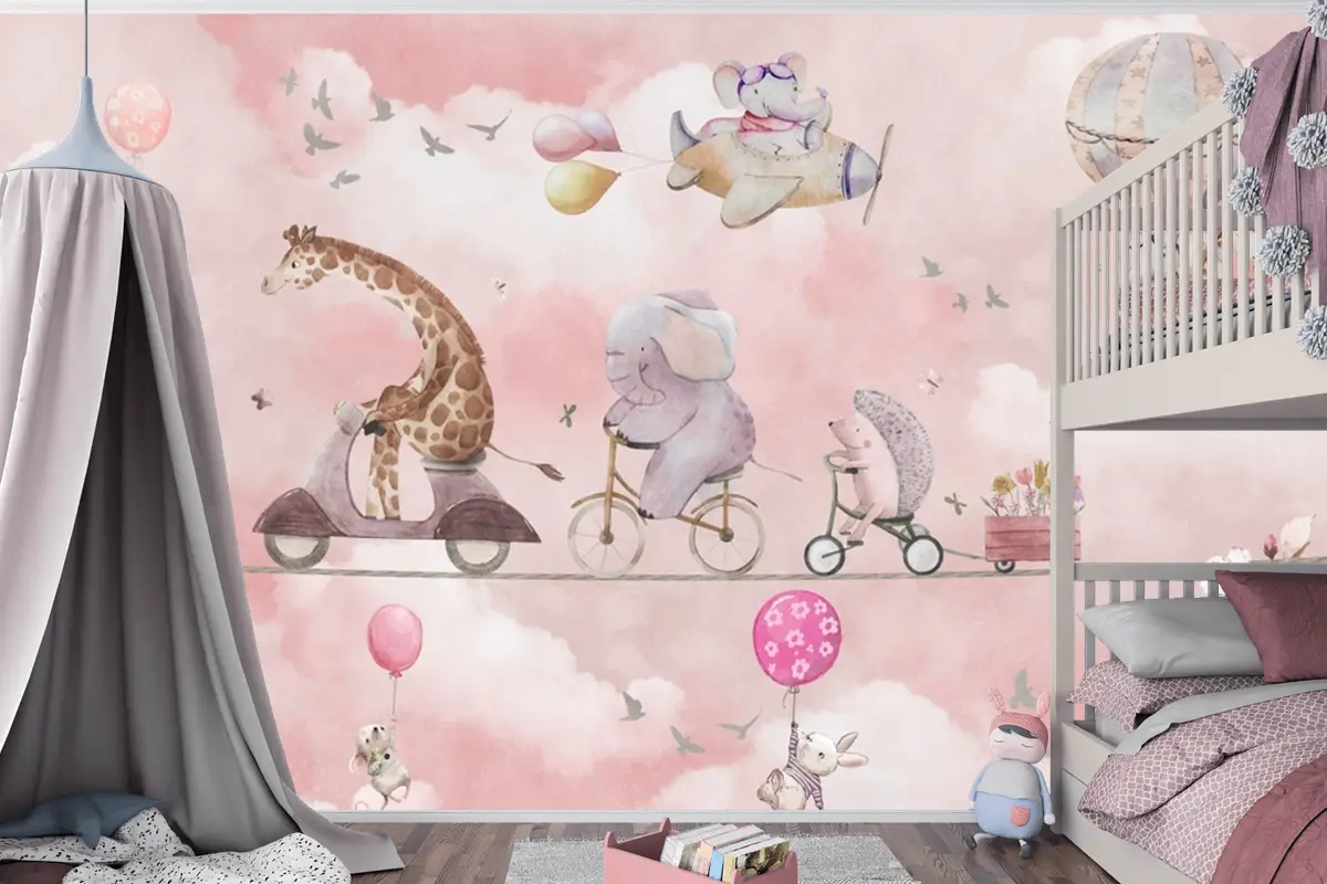 Balonlu Bisikletli Hayvanlar Suluboya Pembe Çocuk Odası Duvar Kağıdı