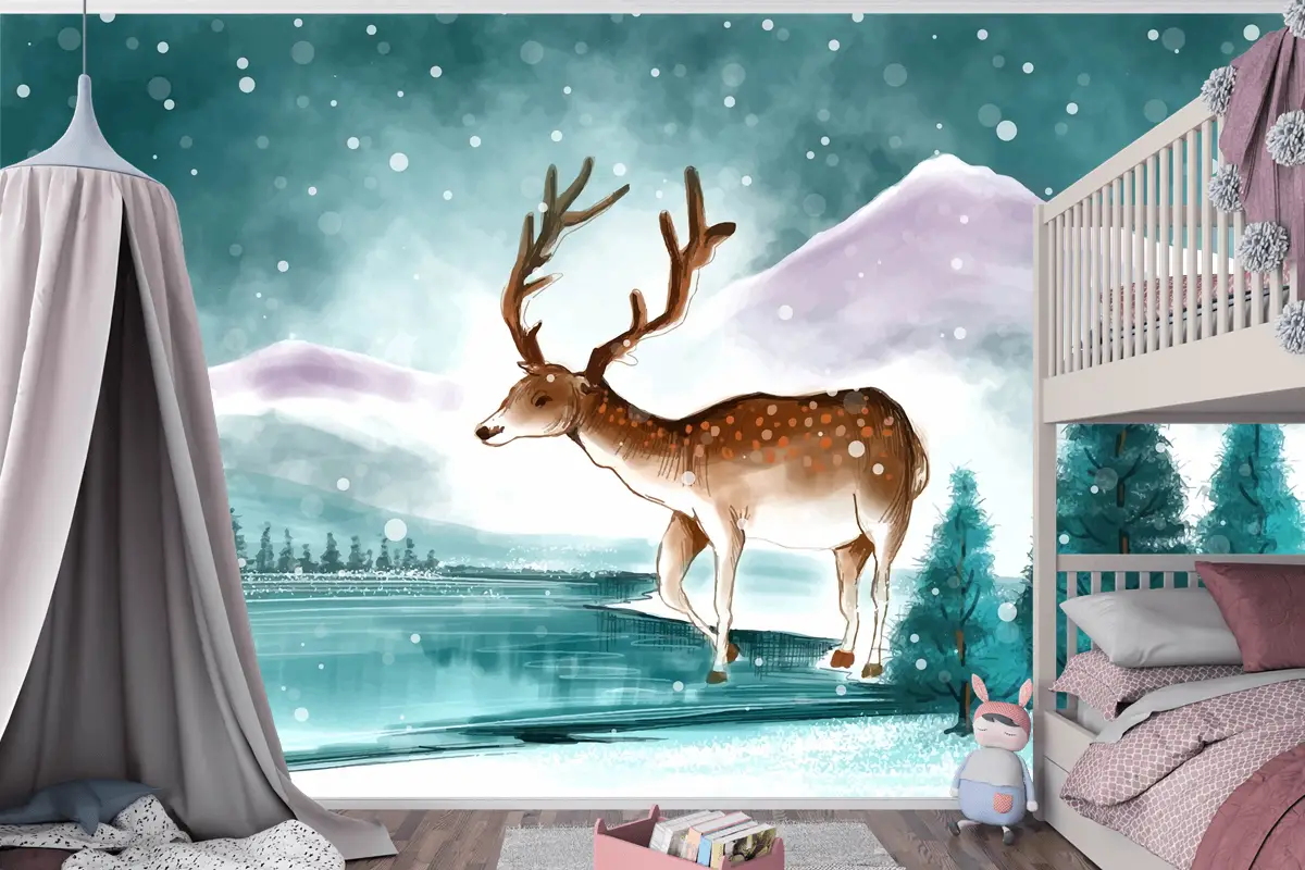 Kışın Güzel Noel Manzarası Noel Geyiği Kartı Çocuk Odası Duvar Kağıdıyla