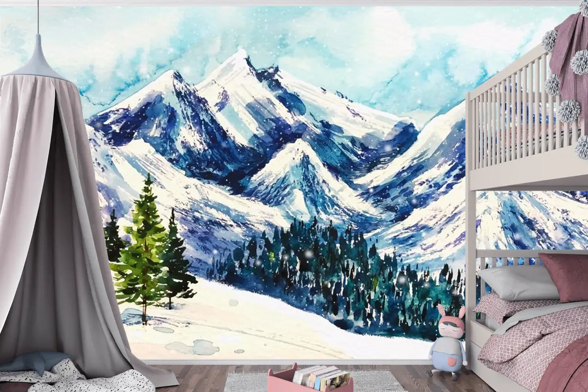 Suluboya Arka Planda Güzel Kış Manzarası Çocuk Odası Duvar Kağıdı