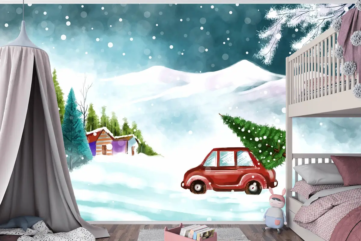 Karlı Noel Ağacında Arabayla Güzel Kış Manzarası Çocuk Odası Duvar Kağıdı