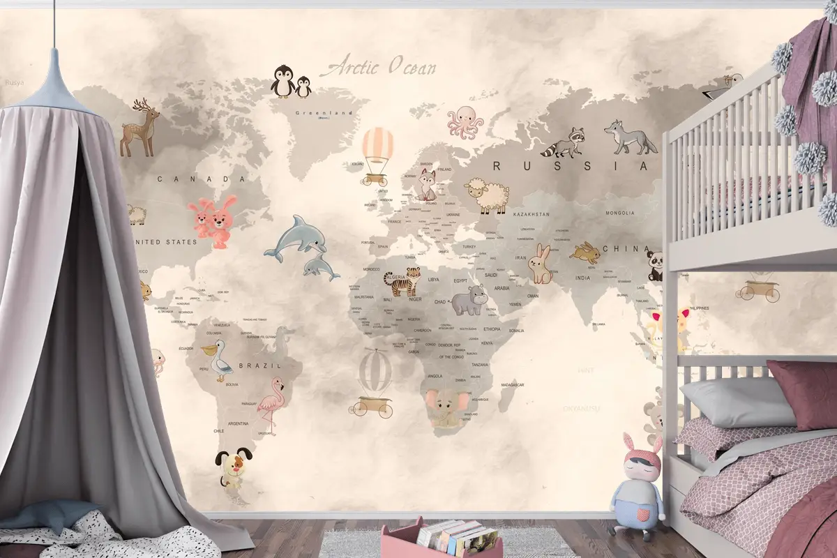 Bebek Hayvanlar Dünya Haritası Eğitici Çocuk Odası Duvar Kağıdı