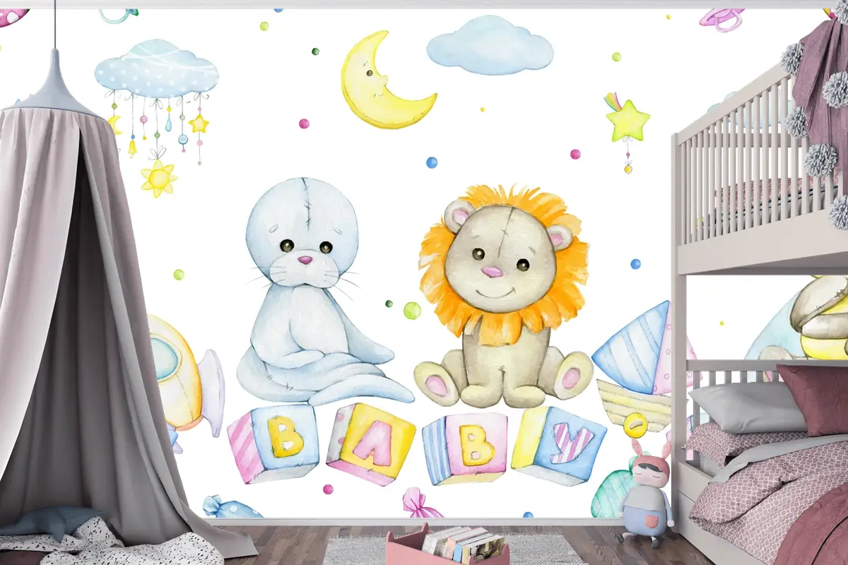 Arı Aslan Mühür Küpleri Harflerle Ay Yıldız Bulutlar Çocuk Odası Duvar Kağıdı