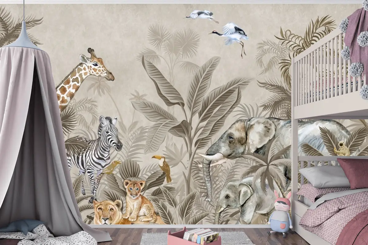 Bej Suluboya Safari Hayvanları Çocuk Odası Duvar Kağıdı