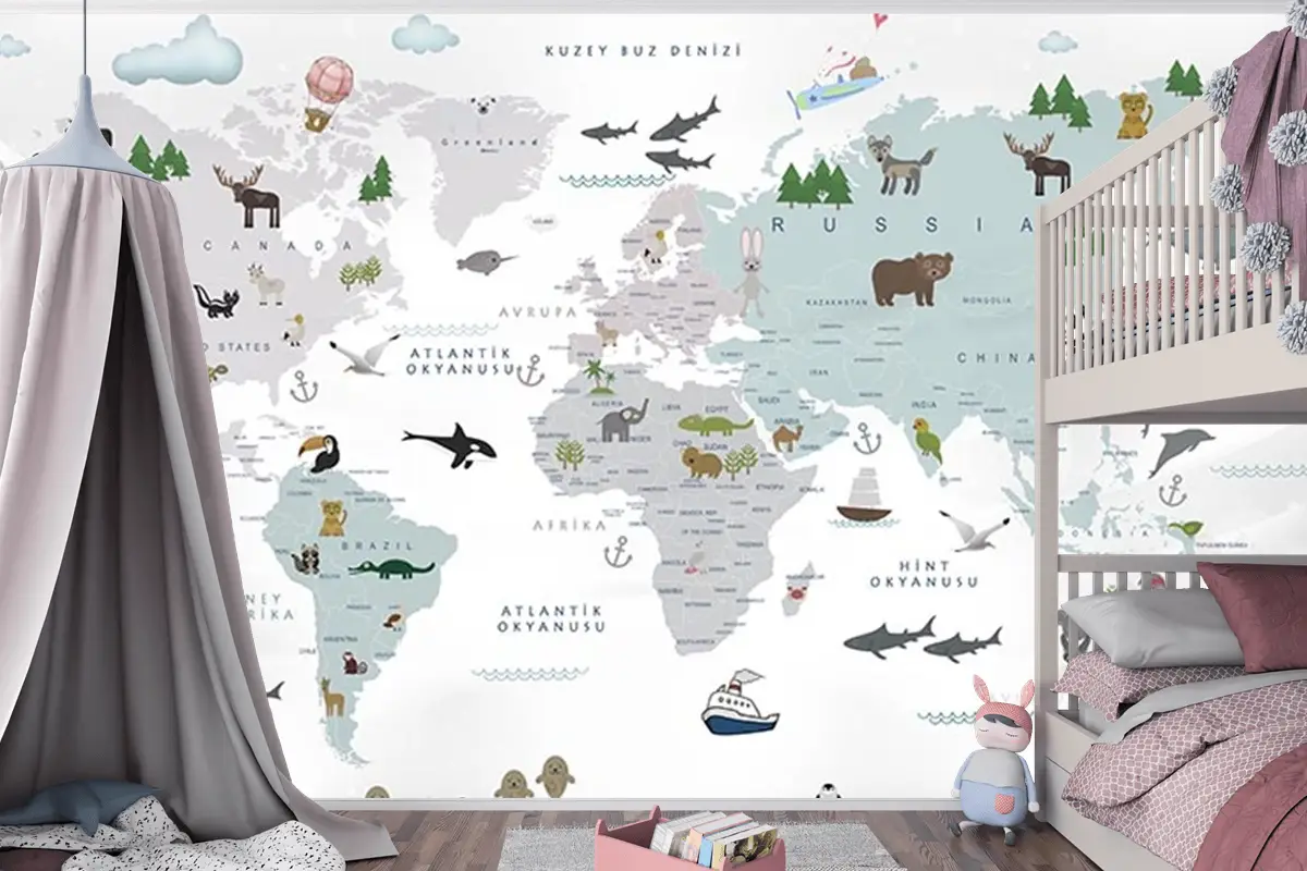 Beyaz Zemin Çocuk Odası Dünya Haritası