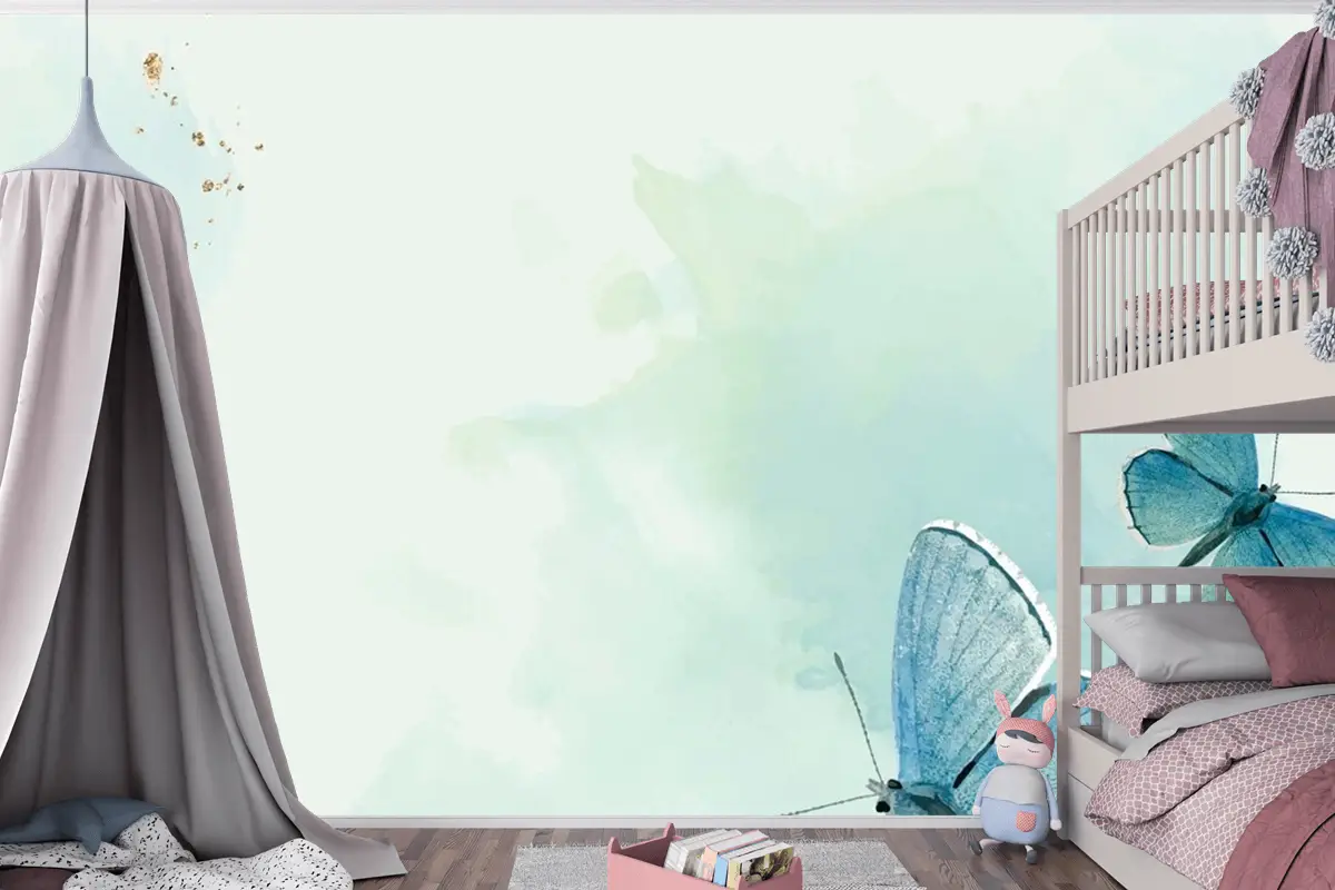 Mavi Kelebekler Desenli Arka Plan Çocuk Odası Duvar Kağıdı