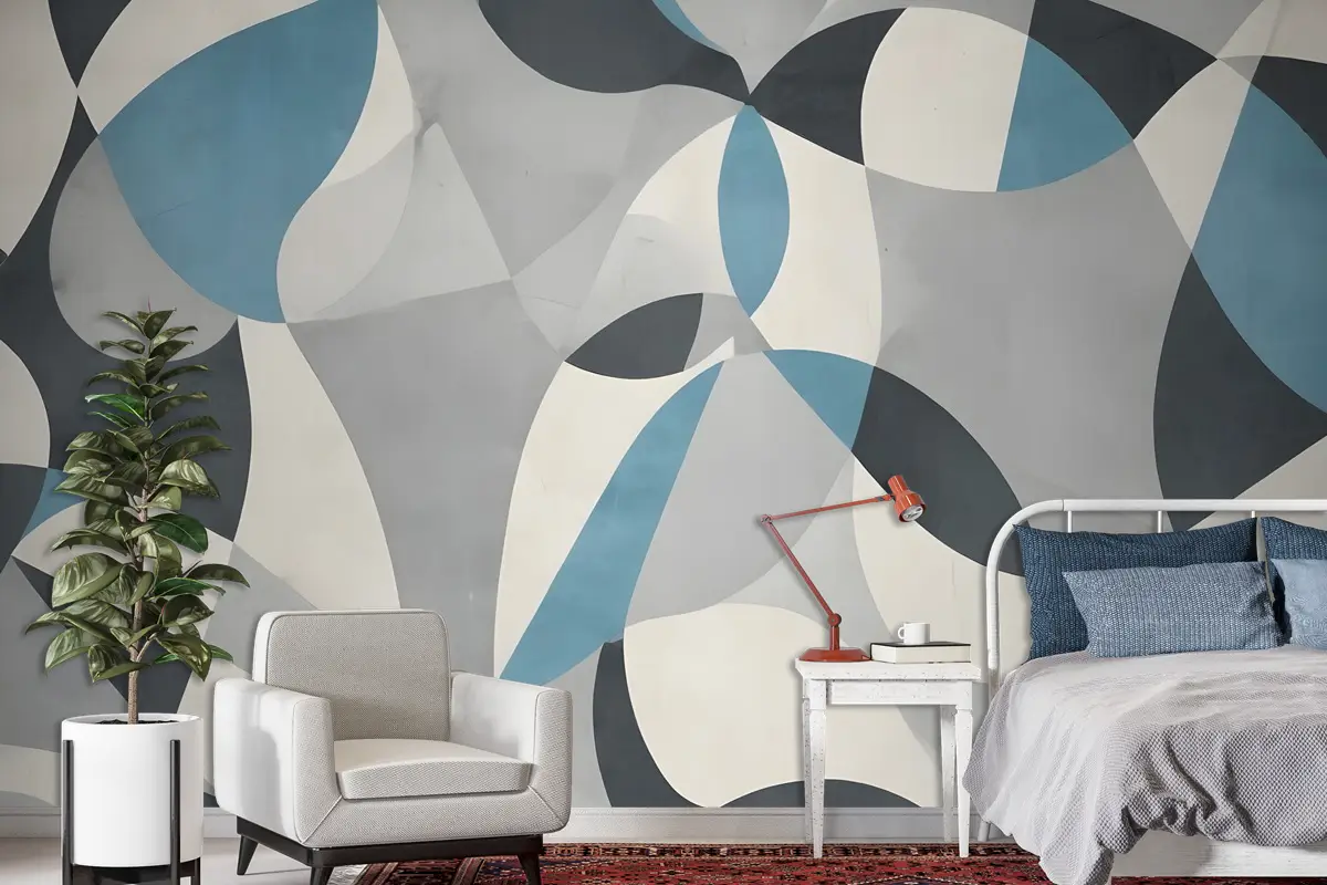 Boho Geometrik Soyut Sanat Mavi Duvar Kağıdı 