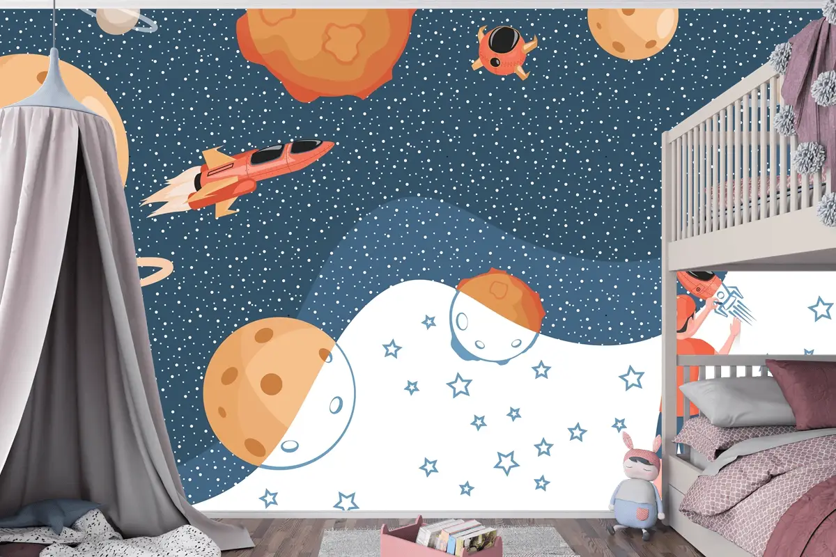 Cosmos Gezegenler Uzay Gemileri Ve Yıldızlar Çizim Çocuk Odası Duvar Kağıdı
