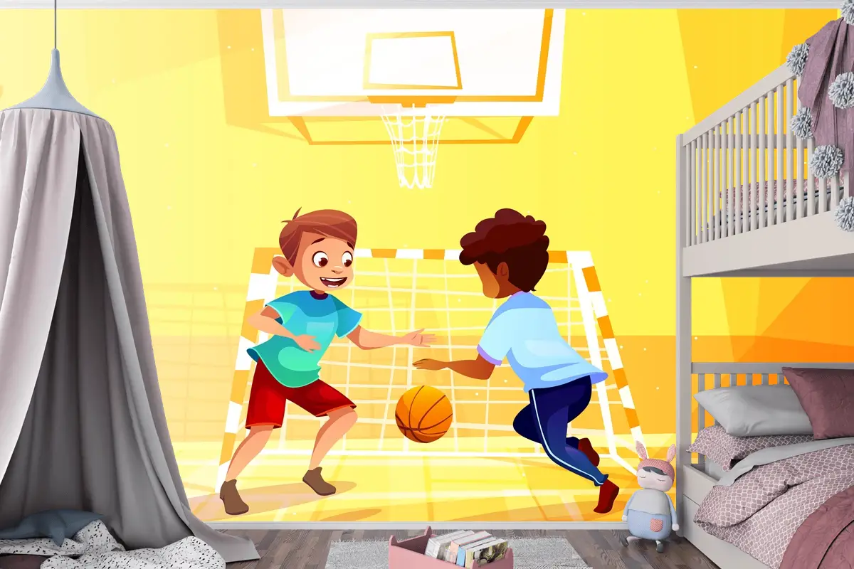 Okulda Topla Basketbol Oynayan Çocuk Odası Duvar Kağıdı