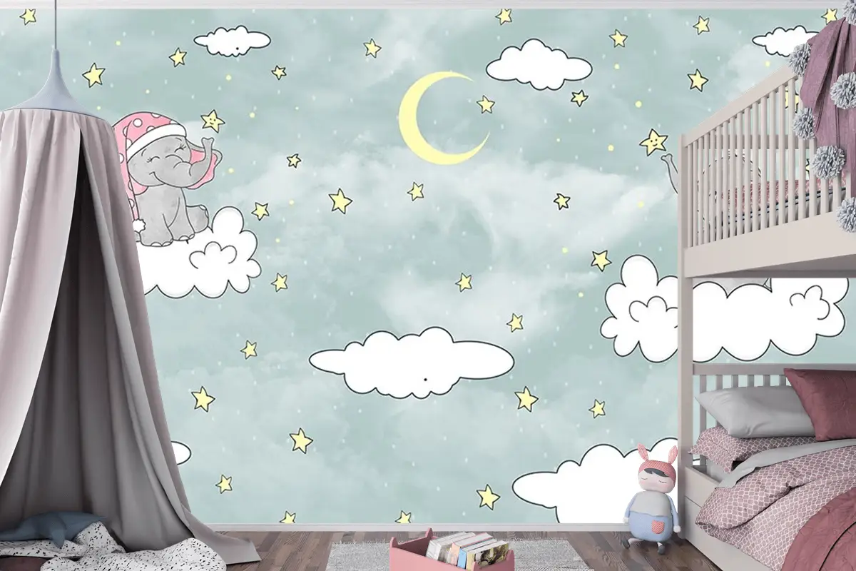 Bulut Üzerinde Sevimli Filler Duvar Kağıdı