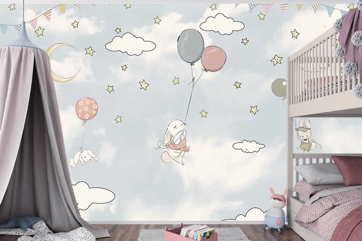 Bulutlar Arasında Balonlar Ve Tavşanlar Çocuk Odası Duvar Kağıdı