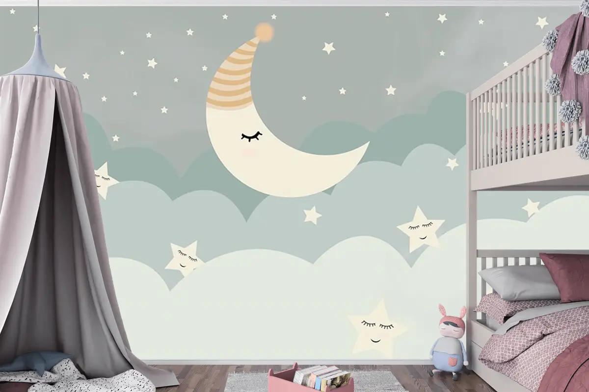 Bulutlar Ay Ve Yıldızlar Çocuk Odası Duvar Kağıdı