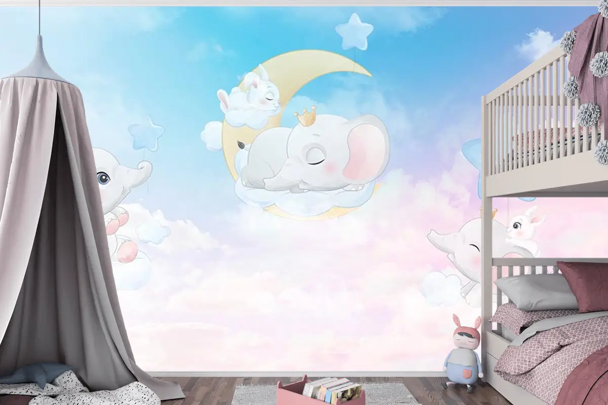 Bulutlar Üzerinde Mutlu Filler Çocuk Odası Duvar Kağıdı