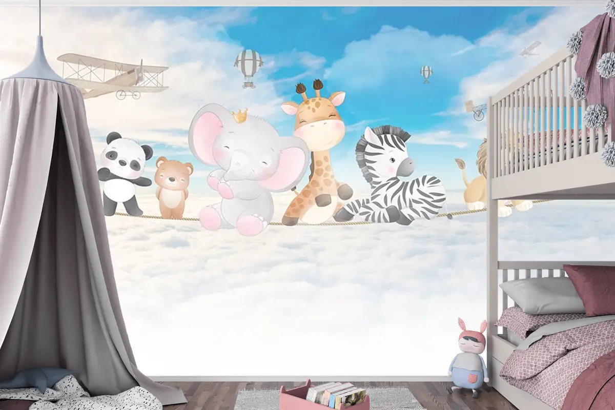 Bulutlar Üzerinde Mutlu Ve Sevimli Hayvanlar Çocuk Odası Duvar Kağıdı