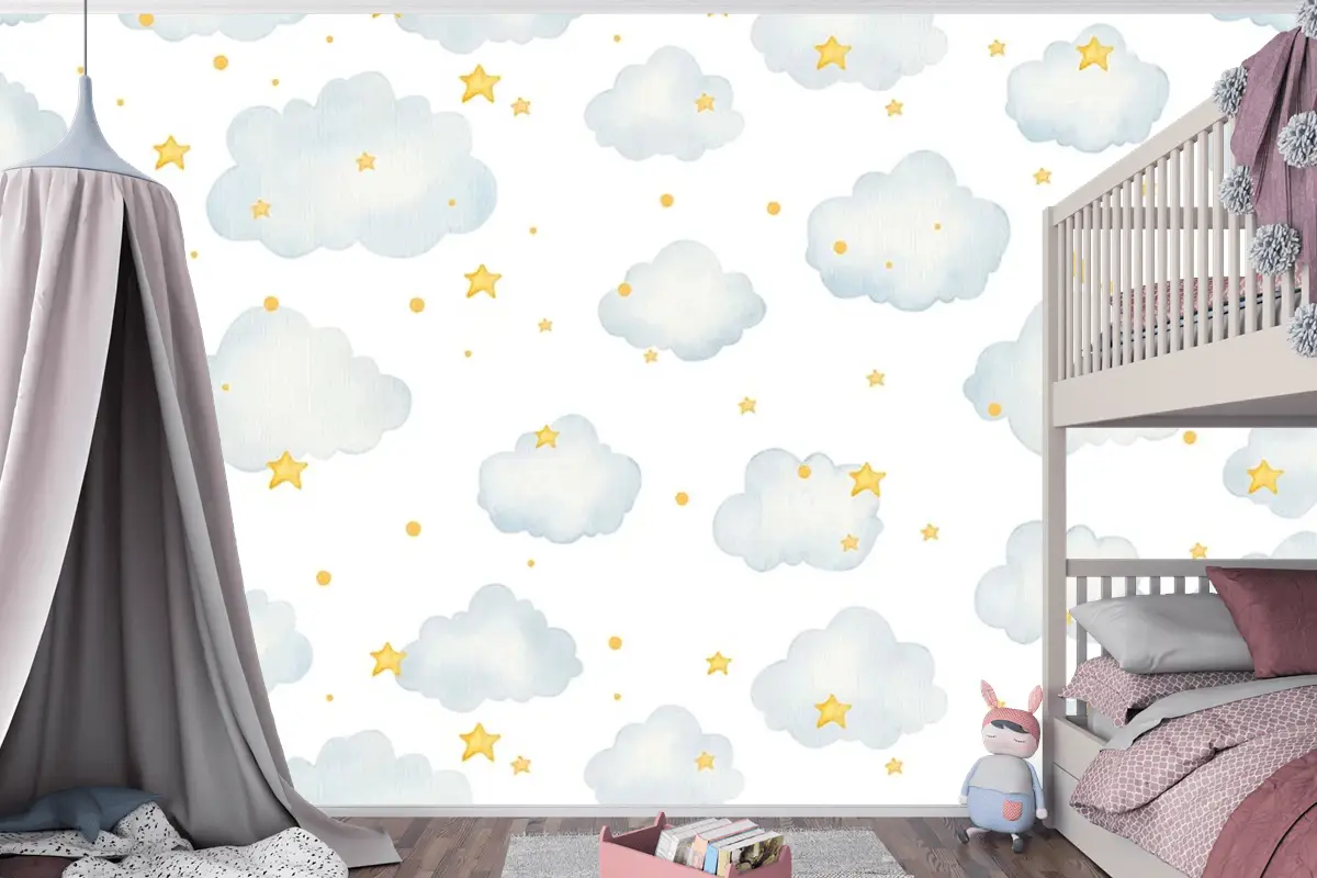 Bulutlu Ve Yıldızlı Çocuk Odası Duvar Kağıdı