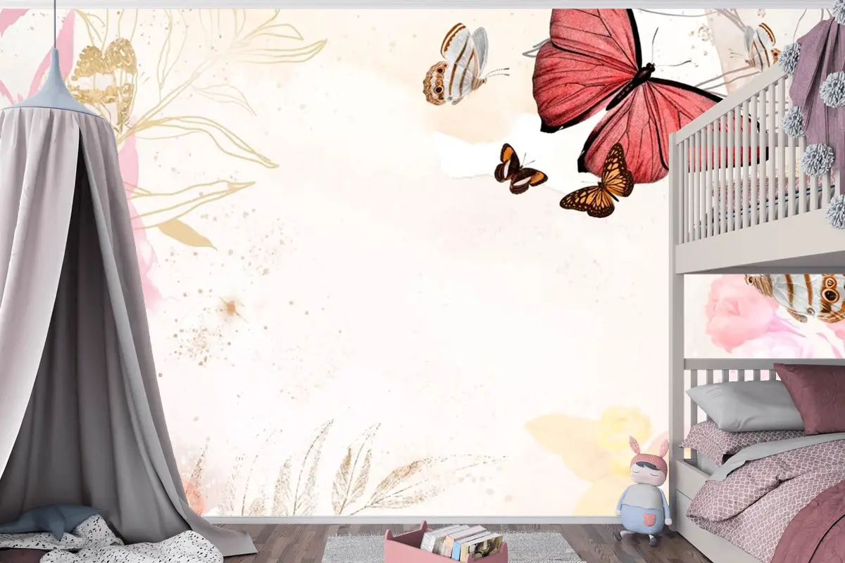 Kelebek Arka Plan Estetik Sınır Çiçekli Çocuk Odası Duvar Kağıdı
