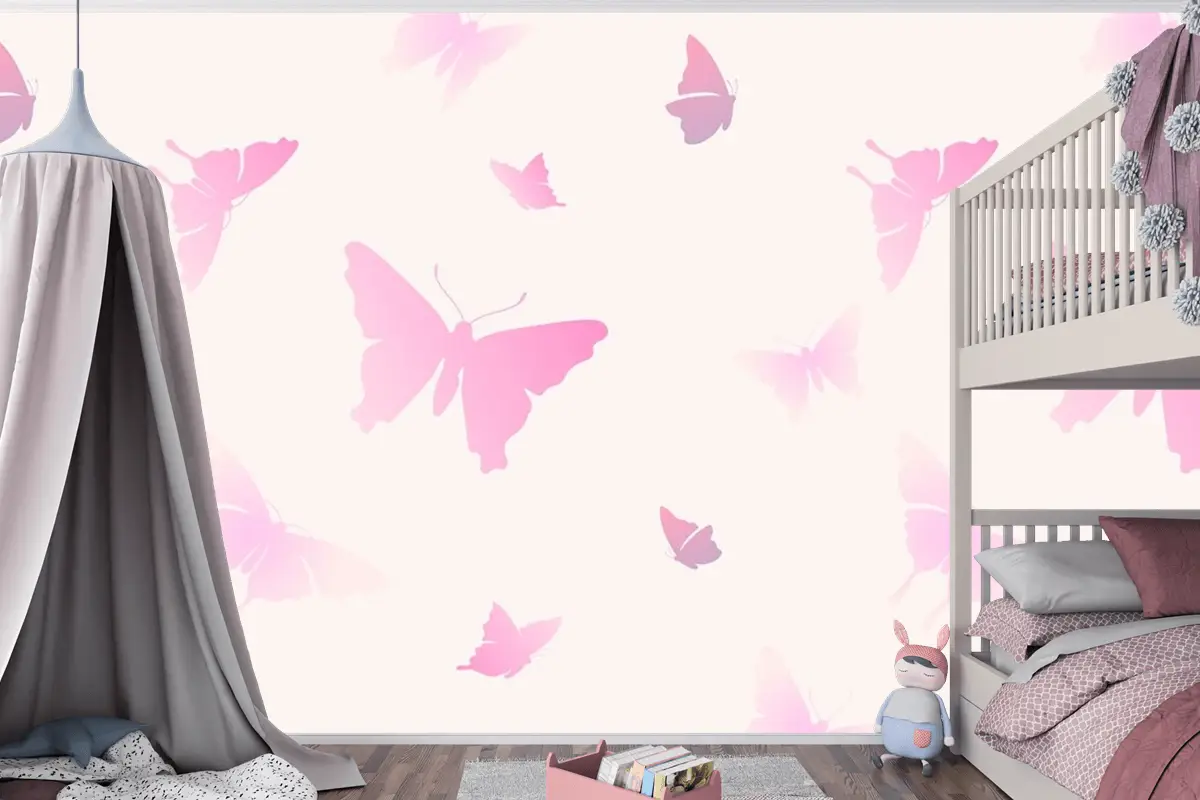Kelebek Desenli Kadınsı Pembe Estetik Çocuk Odası Duvar Kağıdı