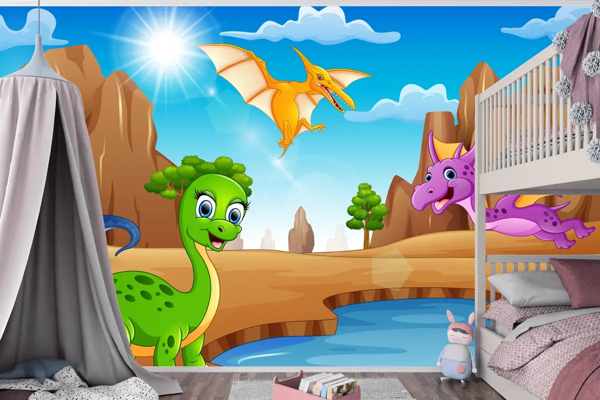 Çölde Yaşayan Karikatür Mutlu Dinozorlar Çocuk Odası Duvar Kağıdı