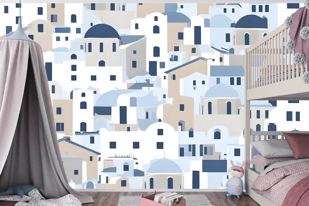 Karikatür Eski Mavi Yunan Evi Çocuk Odası Duvar Kağıdı