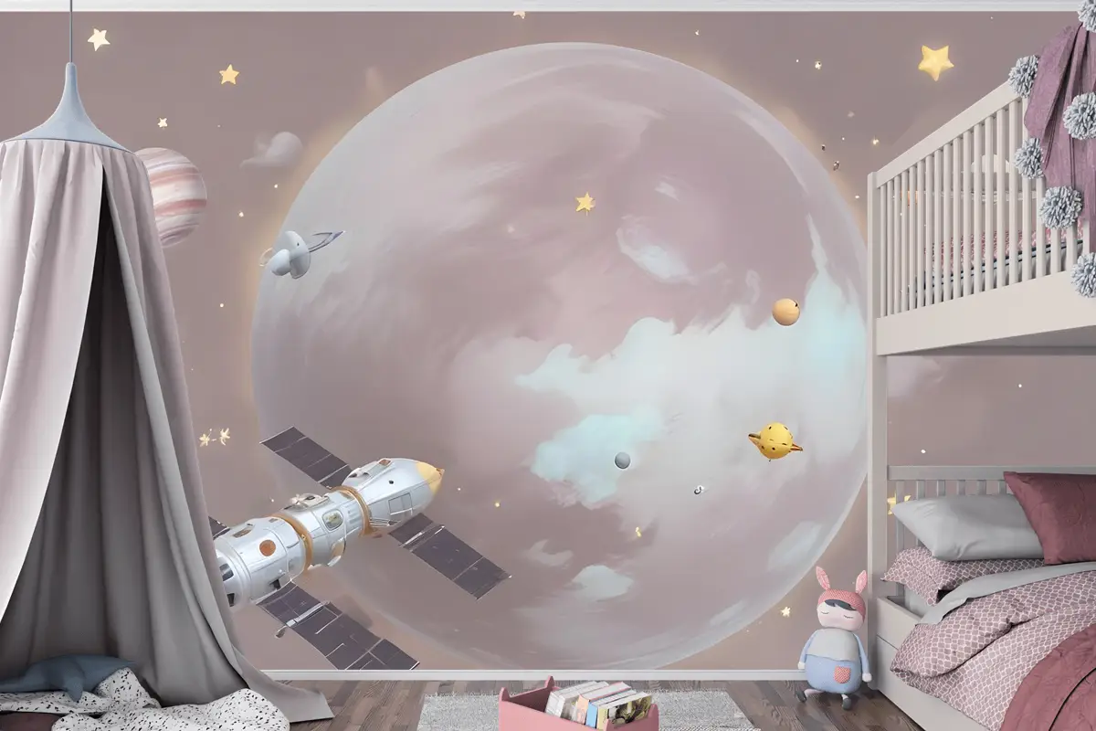 Karikatür Gezegenler Ve Yıldızlı Uzay Çocuk Odası Duvar Kağıdı