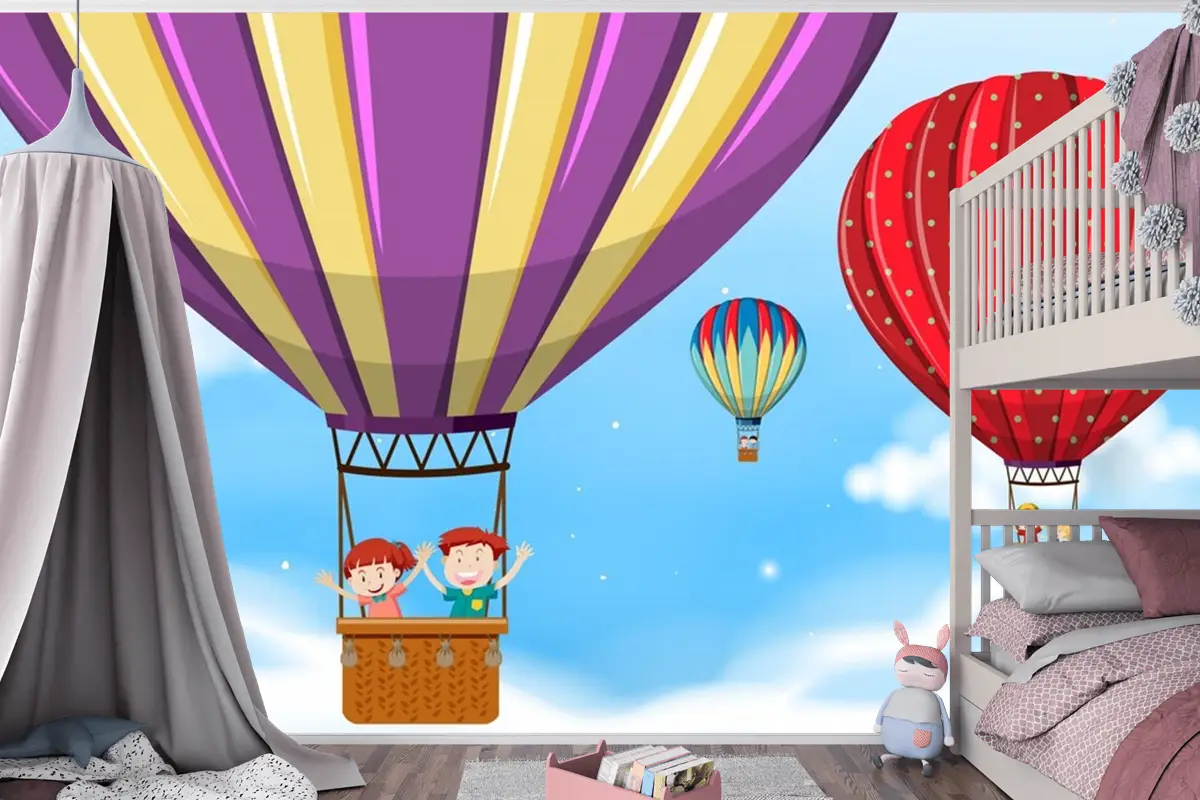 Sıcak Hava Balonuna Binen Çocuklar Çocuk Odası Duvar Kağıdı 