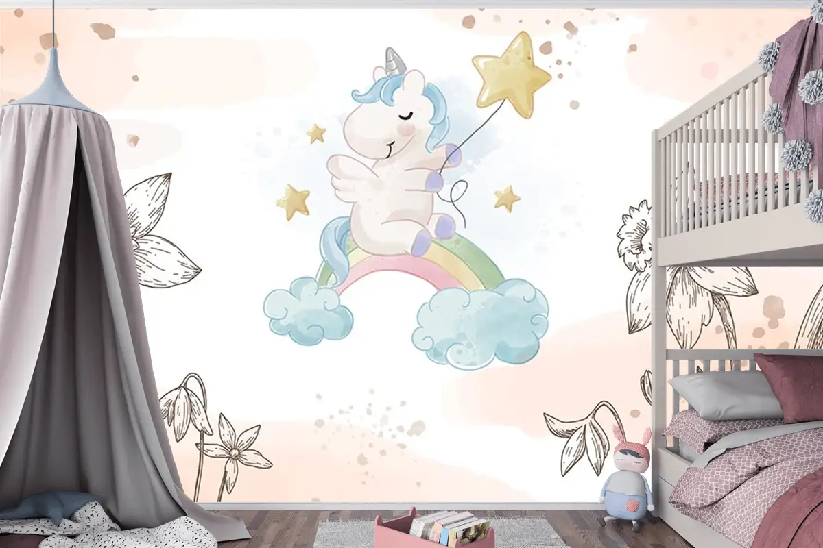 Çiçekler Arasında Unicorn Çocuk Odası Duvar Kağıdı
