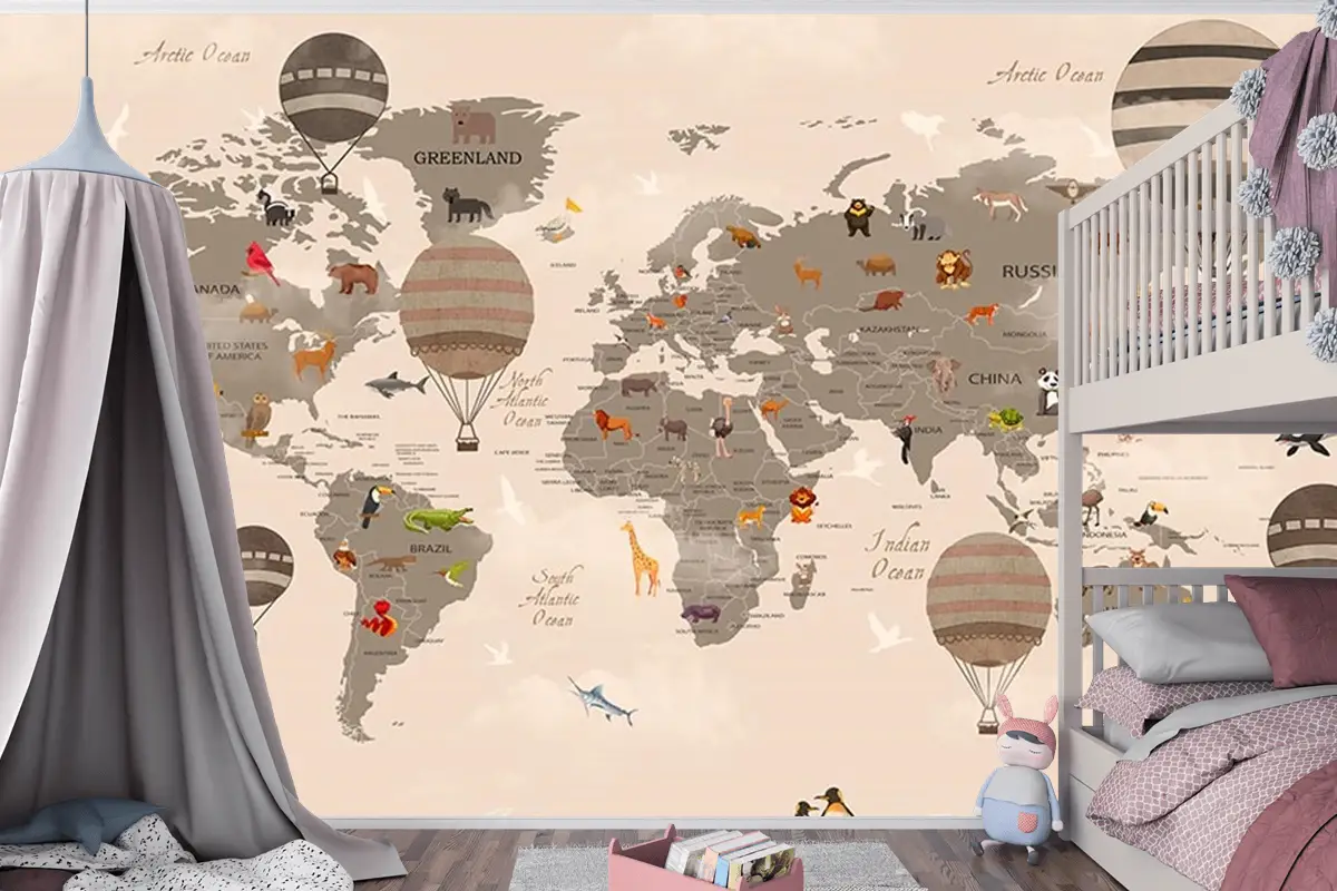 Çocuk Odaları Için Dünya Haritası Ve Balonlar Çocuk Odası Duvar Kağıdı