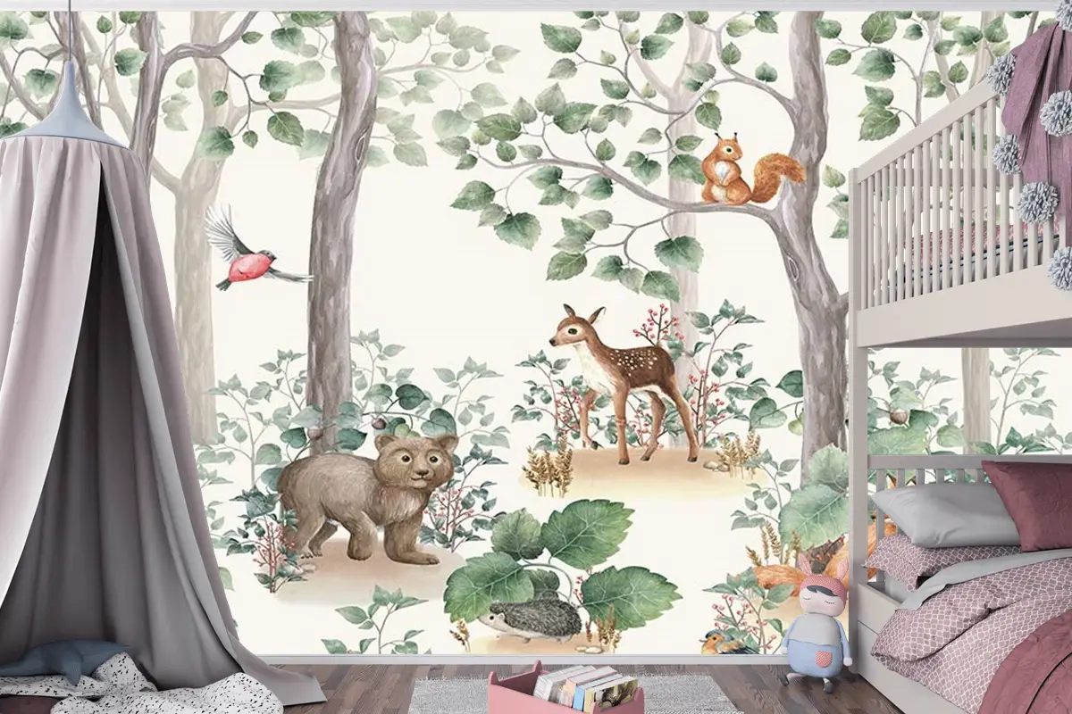 Çocuk Odaları Için Orman Ve Sevimli Hayvanlar Çocuk Odası Duvar Kağıdı