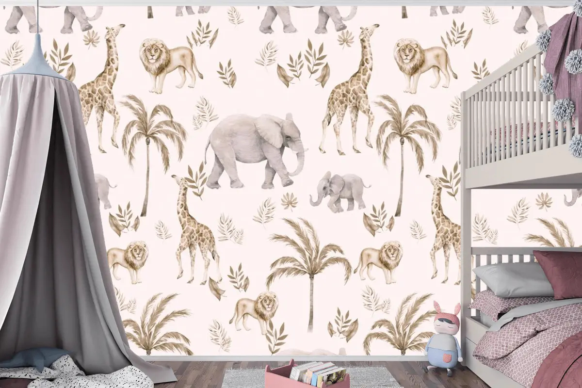 Çocuk Odası Bulutlu Çocuk Odası Duvar Kağıdı Palmiye Ağaçları Ve Safari Hayvanları