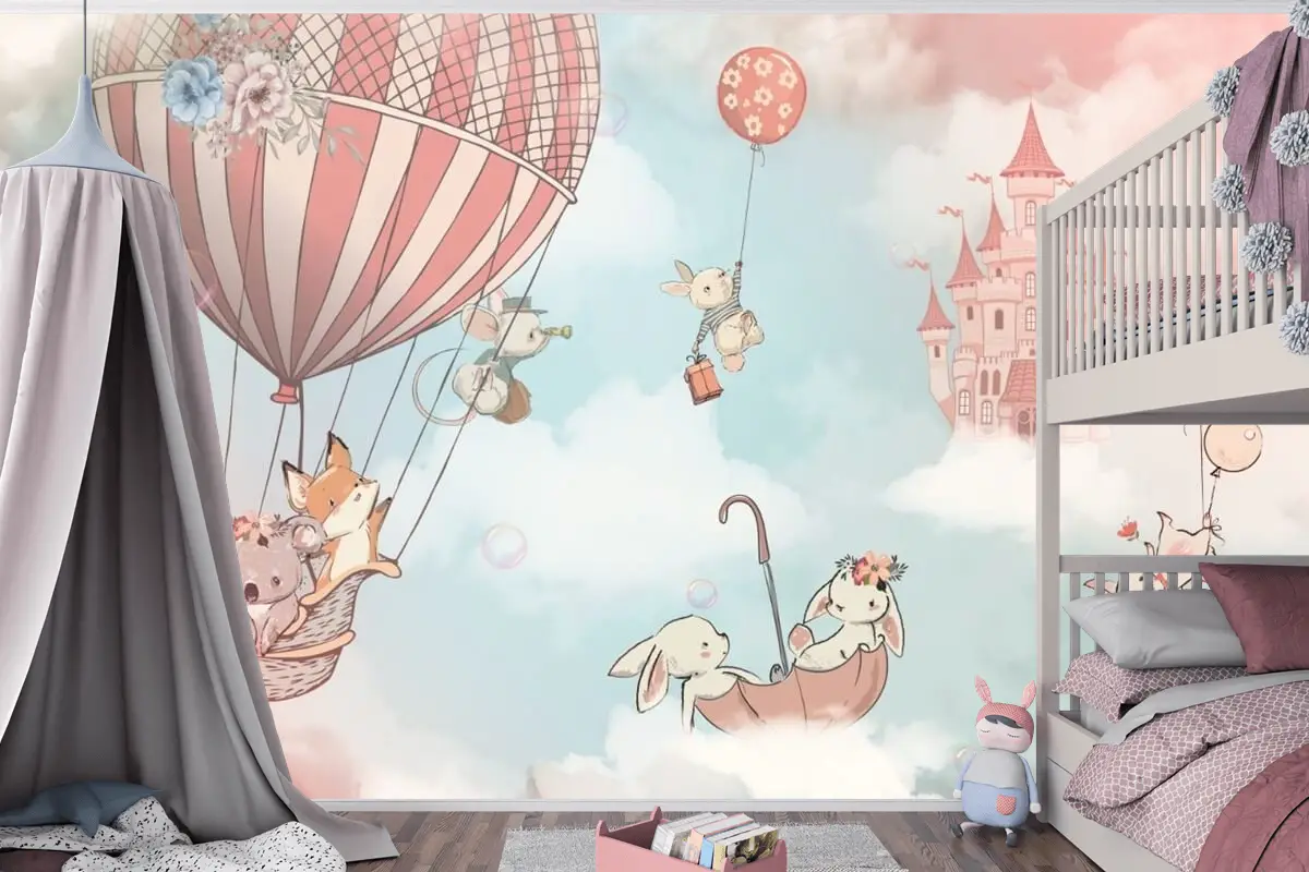 Bulutlu Çocuk Odası Duvar Kağıdı Gökyüzündeki Sevimli Hayvanlar