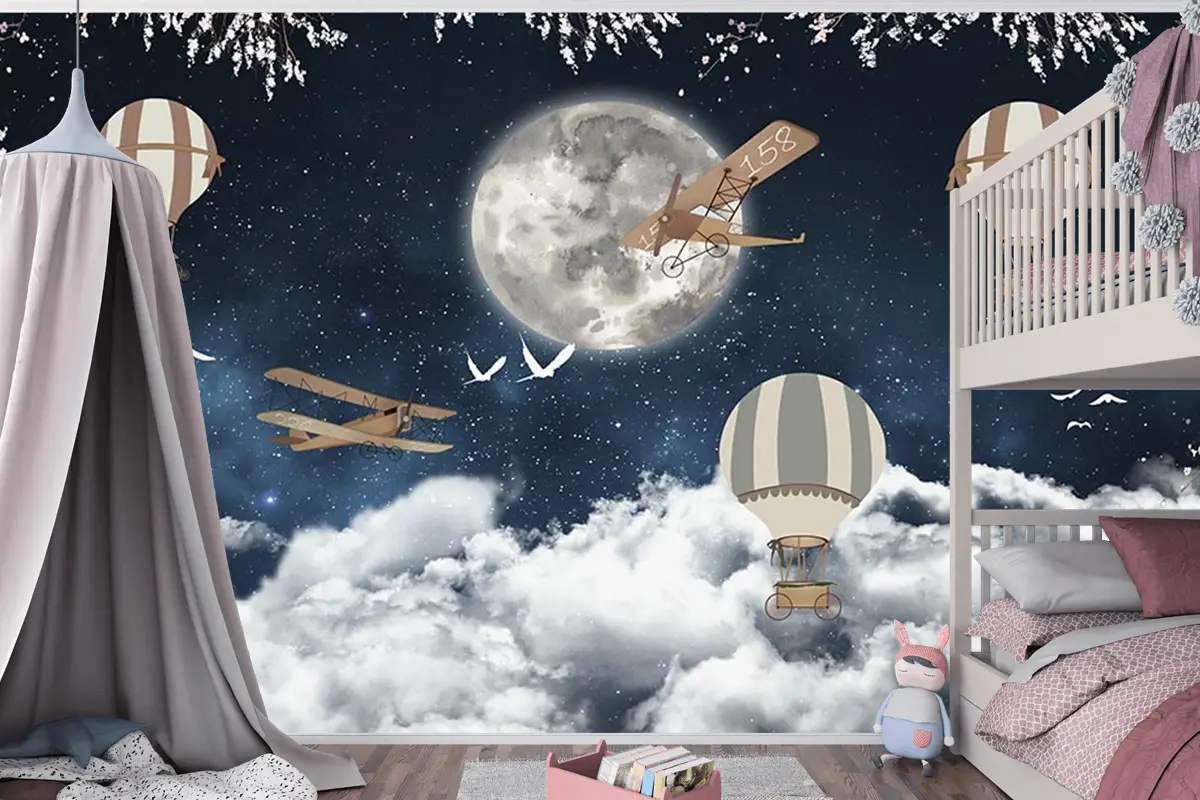 Çocuk Odası Duvar Kağıdı Ay Üzerinde Balonlar Ve Uçaklar