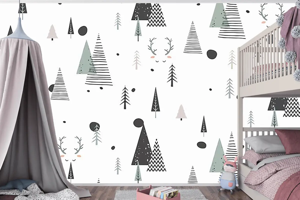 Çam Ağaçları Beyaz Arka Plan Çocuk Bebek Odası Duvar Kağıdı